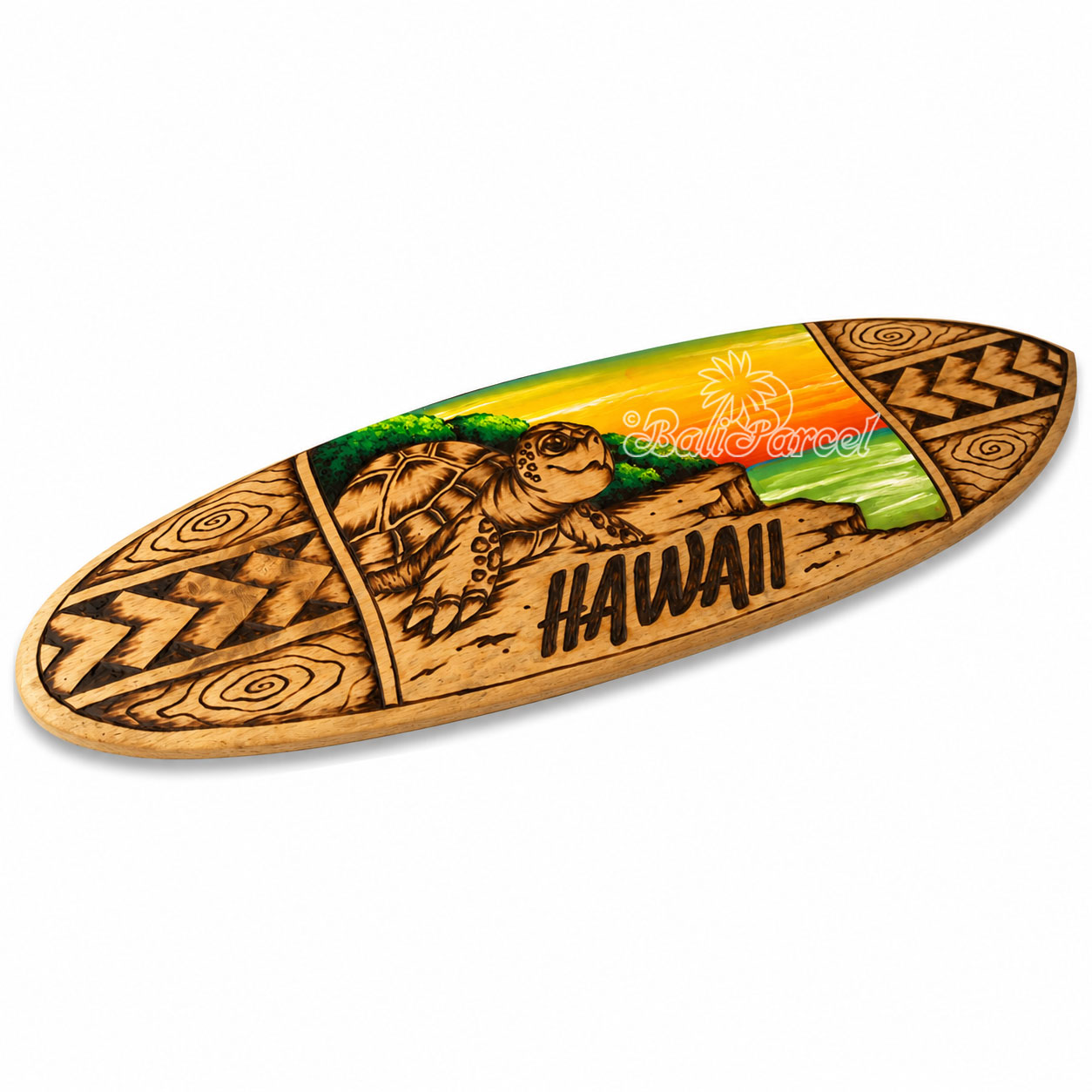 Wooden Surfboard Burning With Painting, Handmade From Pinus Wood