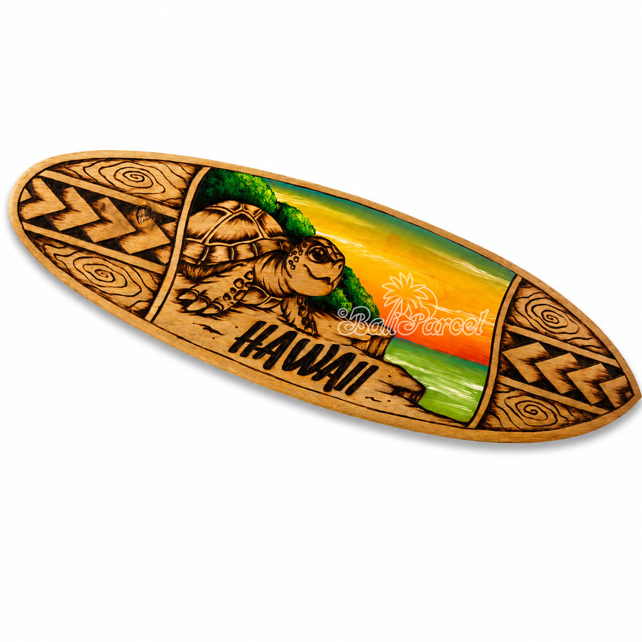 Wooden Surfboard Burning With Painting, Handmade From Pinus Wood