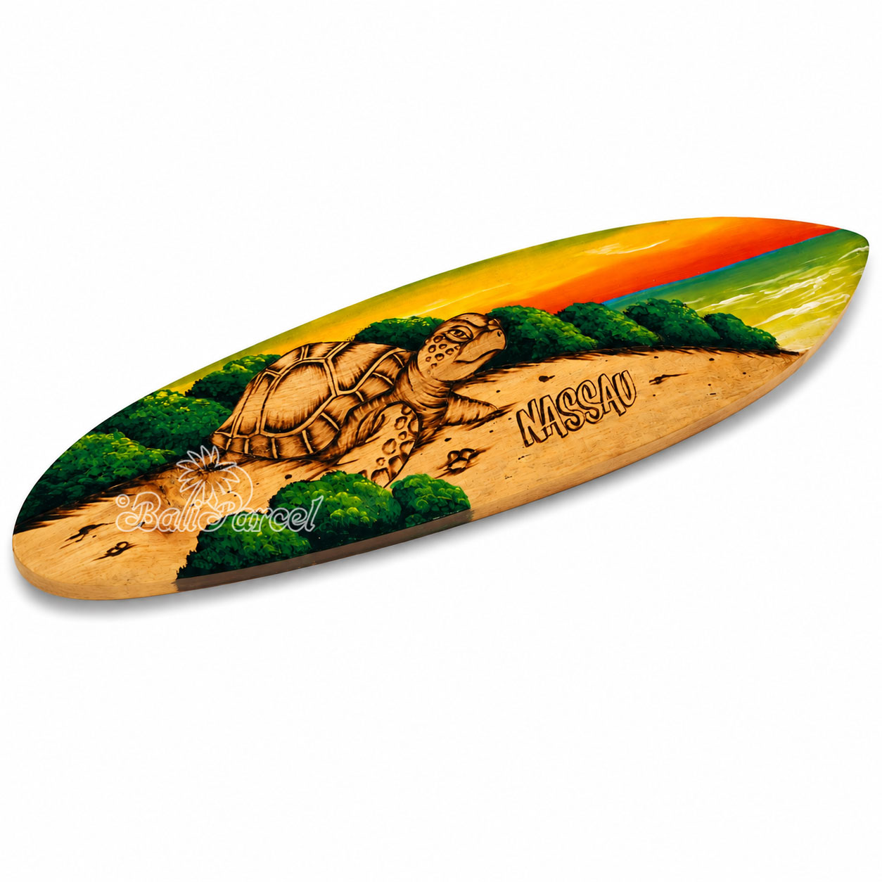 Wooden Surfboard Burning With Painting, Handmade From Pinus Wood