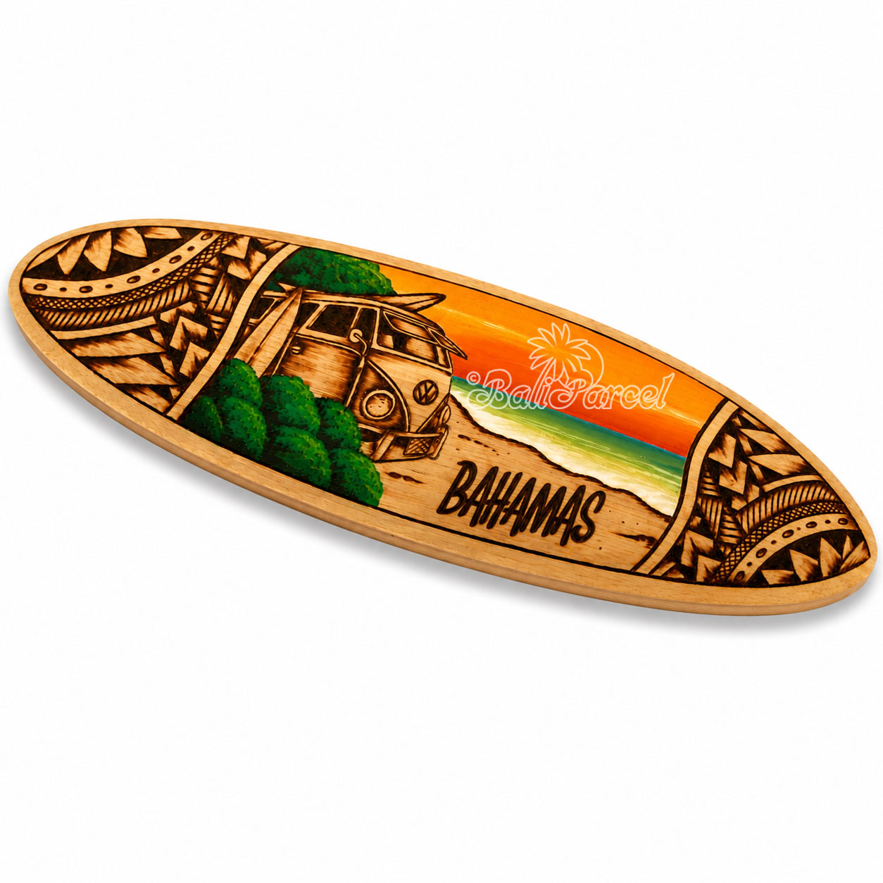Wooden Surfboard Burning With Painting, Handmade From Pinus Wood