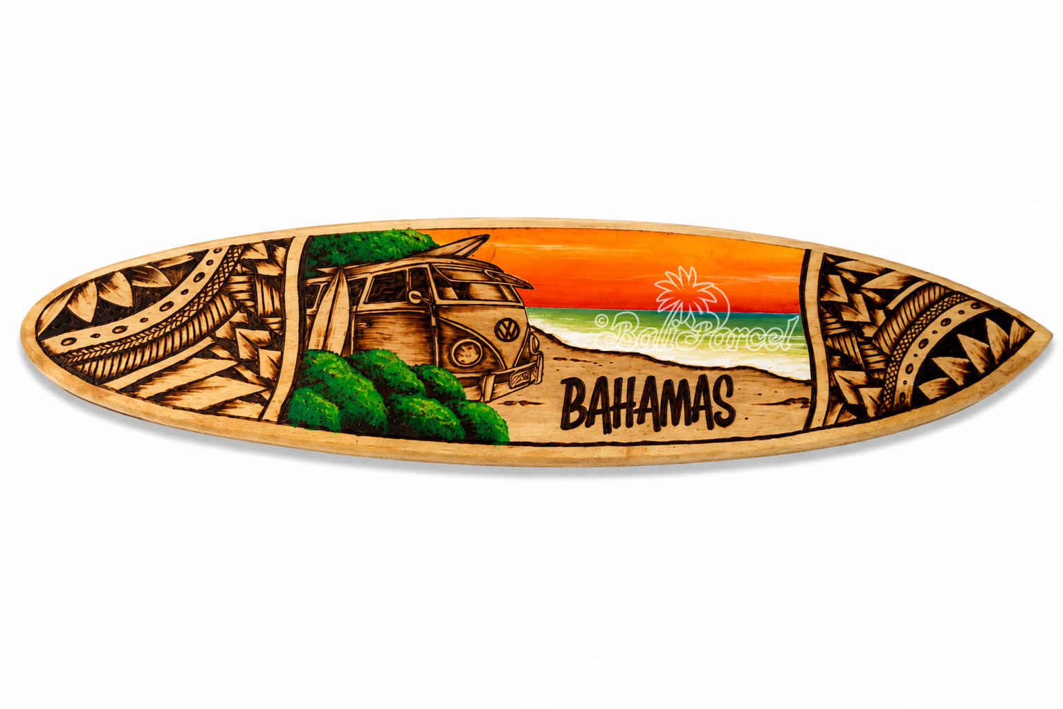 Wooden Surfboard Burning With Painting, Handmade From Pinus Wood