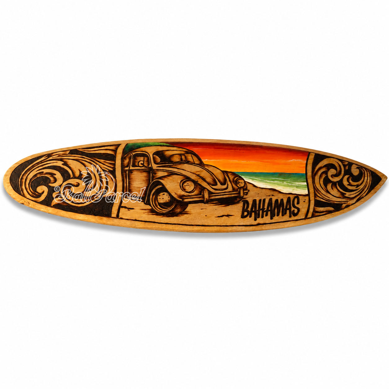 Wooden Surfboard Burning With Painting, Handmade From Pinus Wood