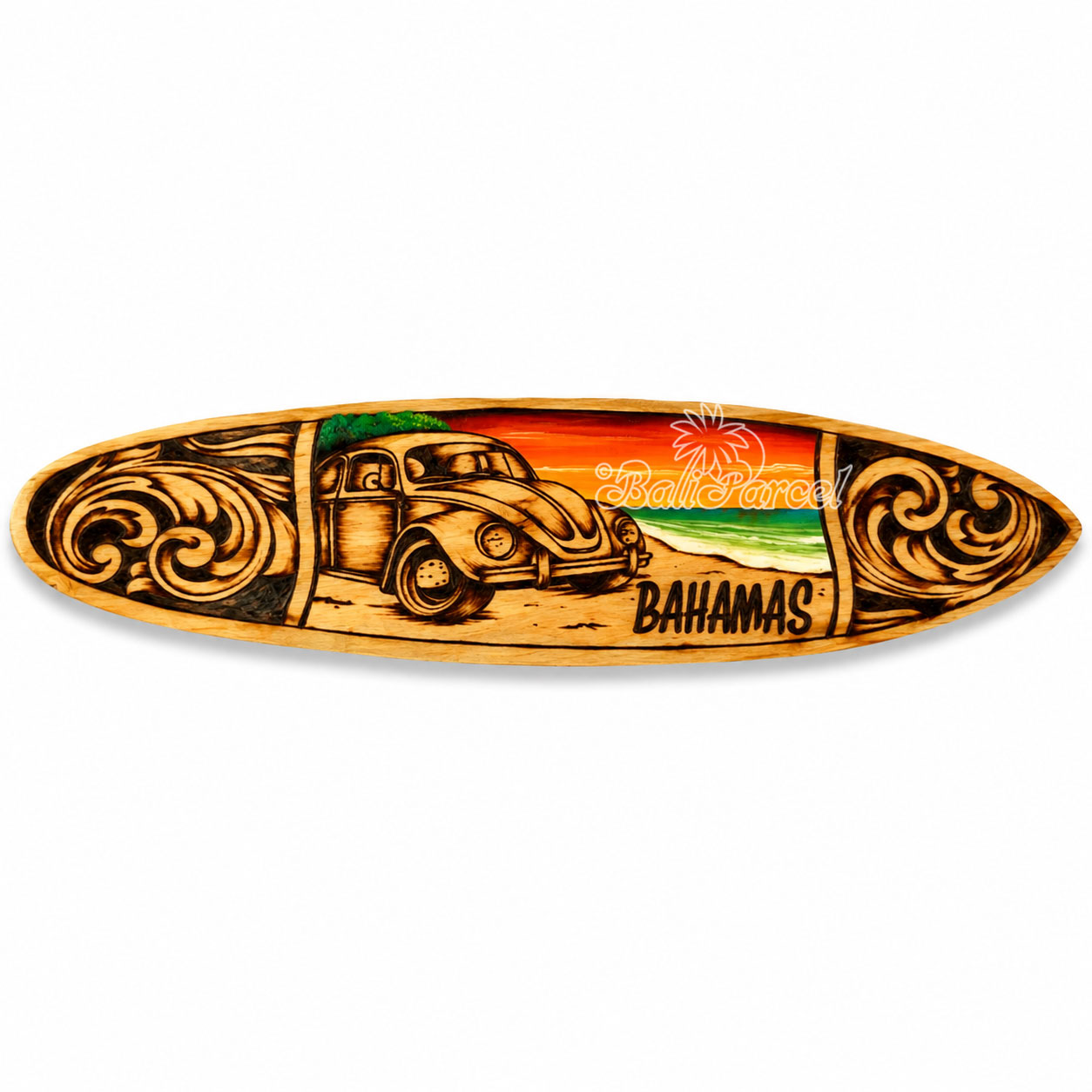 Wooden Surfboard Burning With Painting, Handmade From Pinus Wood