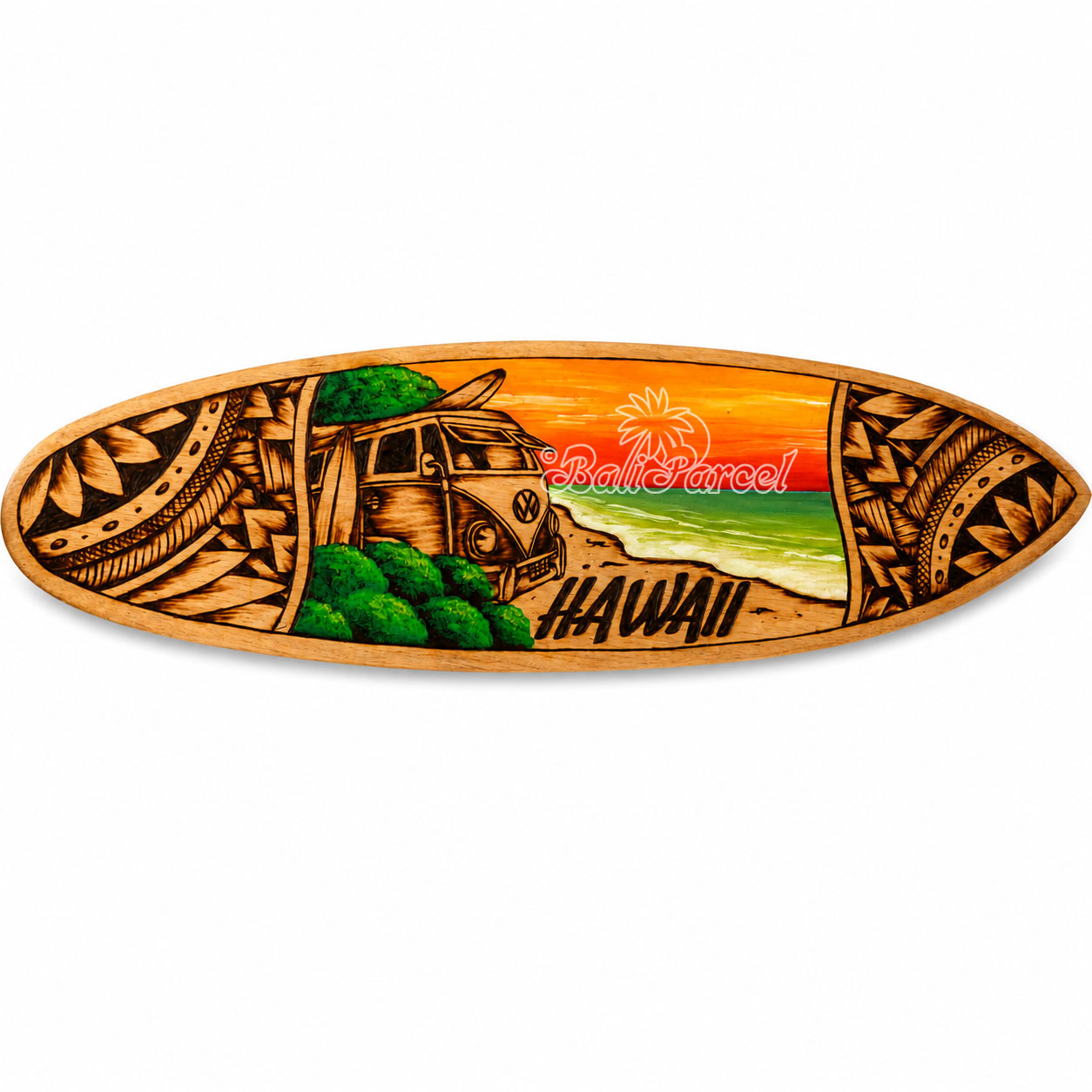Wooden Surfboard Burning With Painting, Handmade From Pinus Wood
