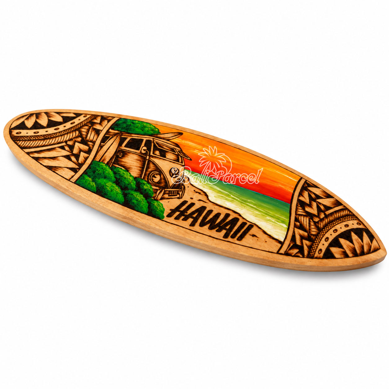 Wooden Surfboard Burning With Painting, Handmade From Pinus Wood
