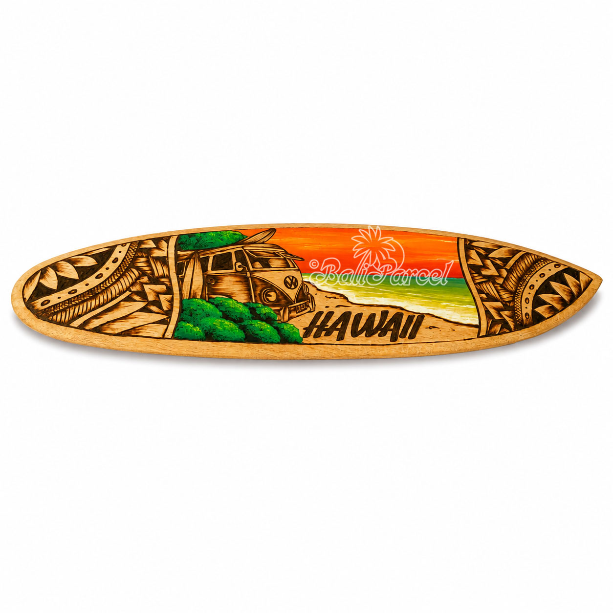 Wooden Surfboard Burning With Painting, Handmade From Pinus Wood