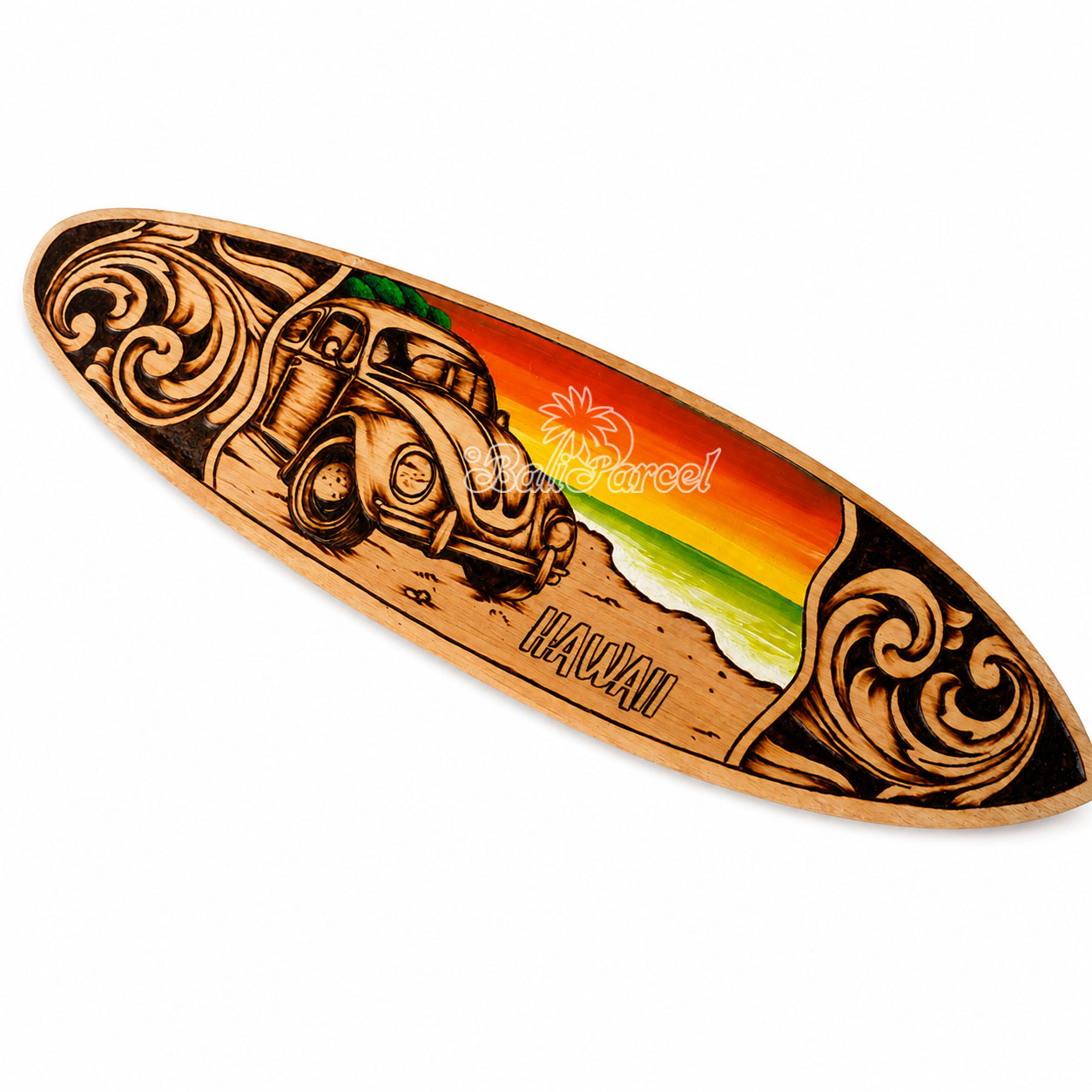 Wooden Surfboard Burning With Painting, Handmade From Pinus Wood