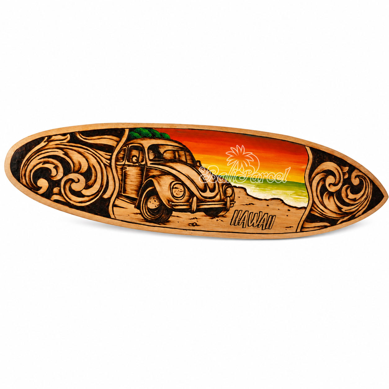 Wooden Surfboard Burning With Painting, Handmade From Pinus Wood