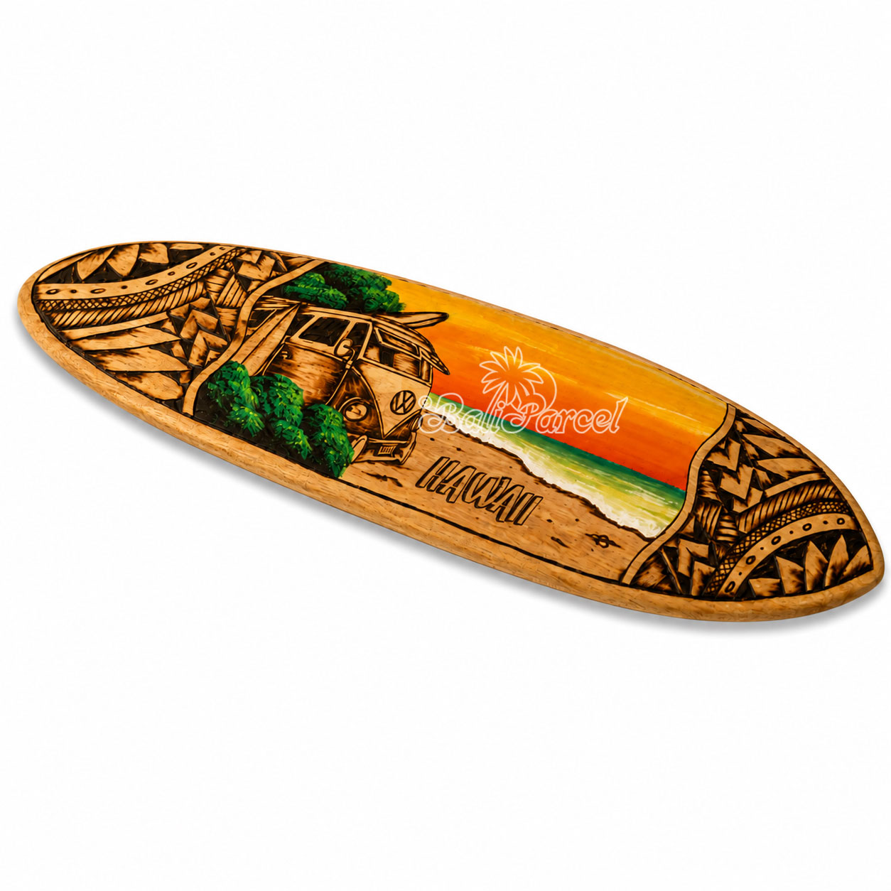 Wooden Surfboard Burning With Painting, Handmade From Pinus Wood