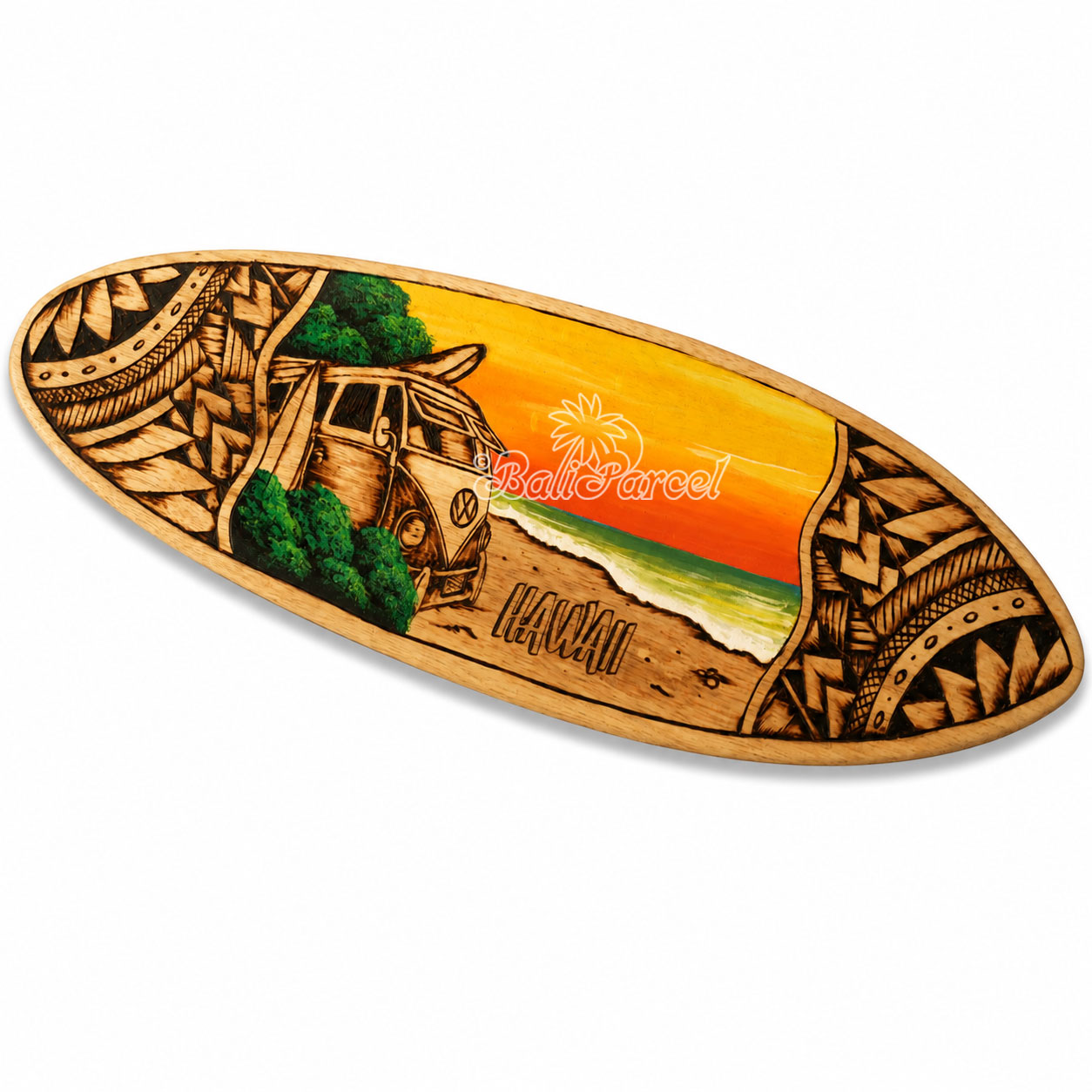 Wooden Surfboard Burning With Painting, Handmade From Pinus Wood