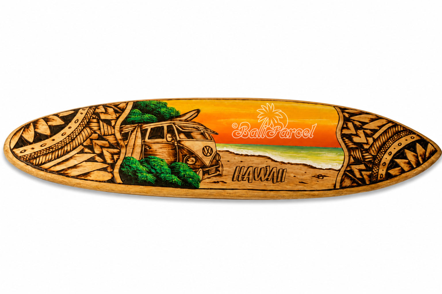 Wooden Surfboard Burning With Painting, Handmade From Pinus Wood