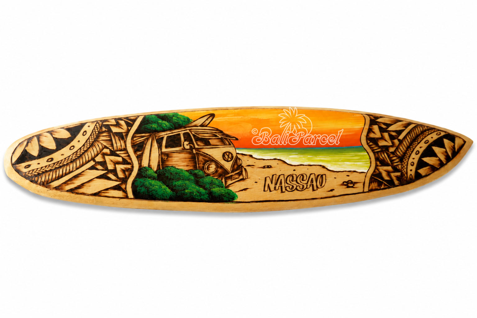 Wooden Surfboard Burning With Painting, Handmade From Pinus Wood