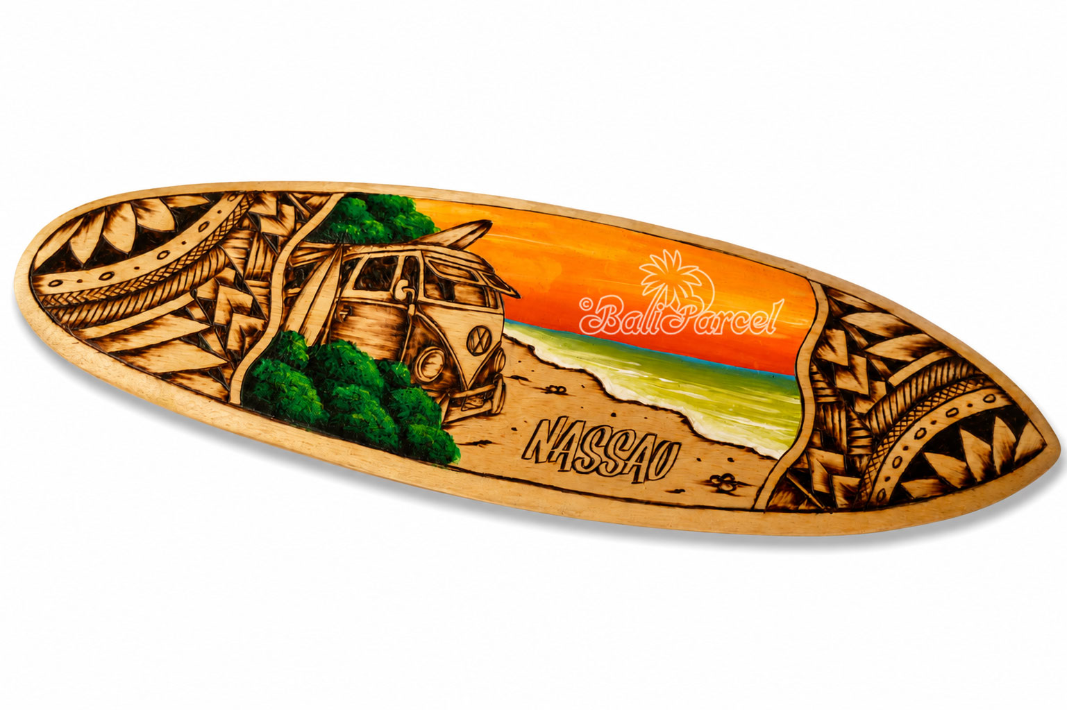 Wooden Surfboard Burning With Painting, Handmade From Pinus Wood
