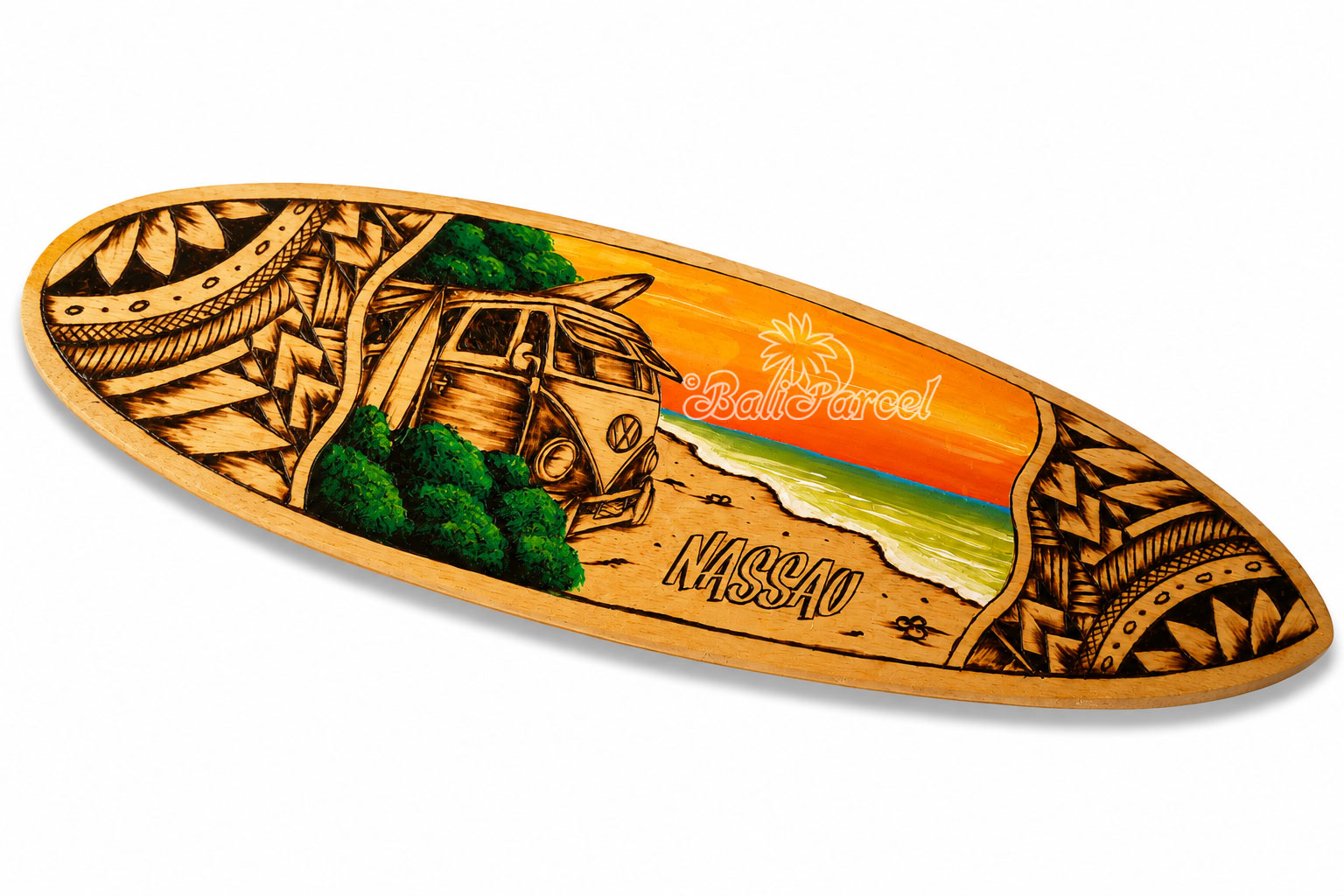 Wooden Surfboard Burning With Painting, Handmade From Pinus Wood