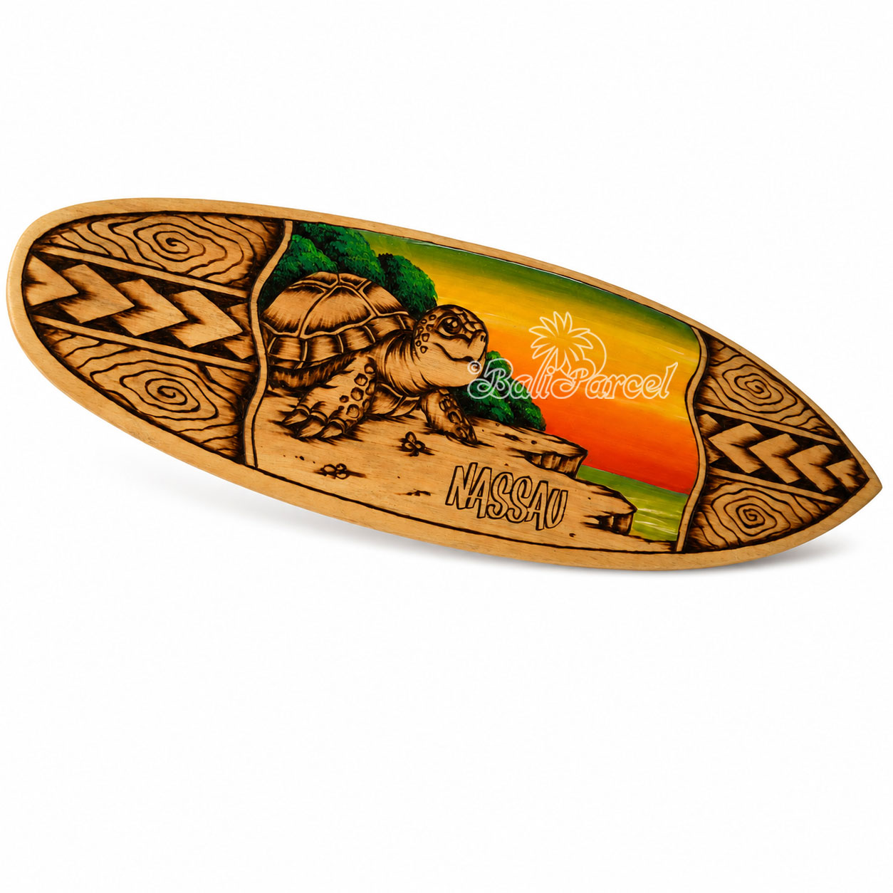 Wooden Surfboard Burning With Painting, Handmade From Pinus Wood
