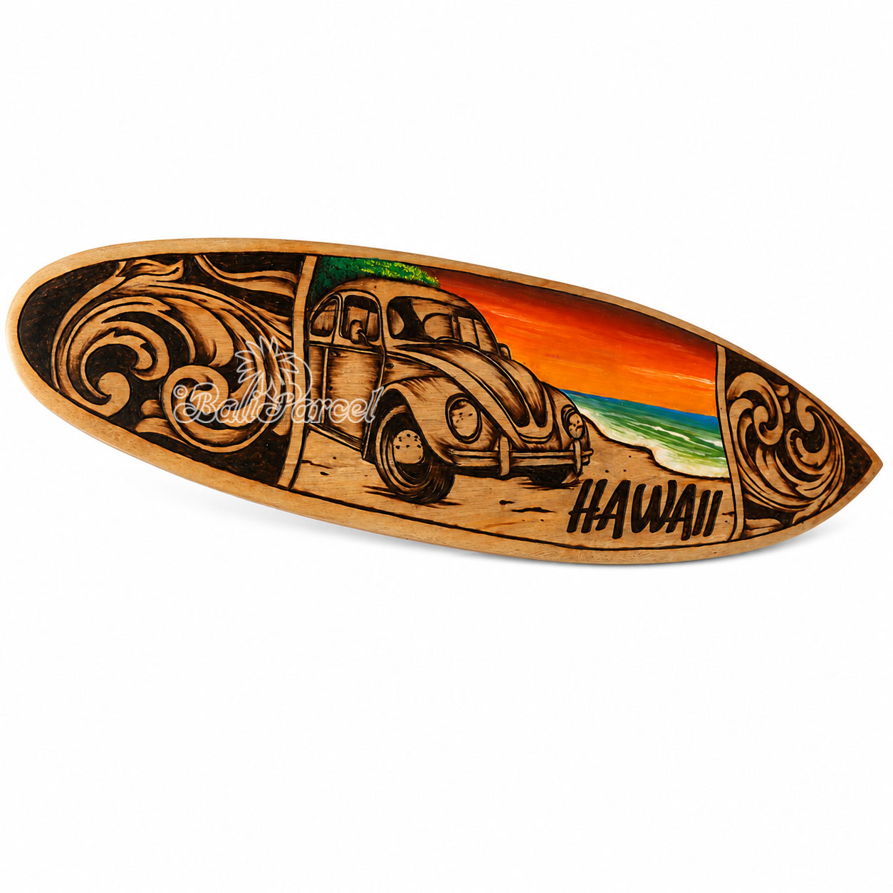 Wooden Surfboard Burning With Painting, Handmade From Pinus Wood