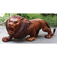 Wooden Lion, Handmade From Suar Wood