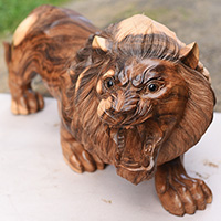 Wooden Lion, Handmade From Suar Wood