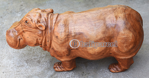 Wooden Hippopotamus, Handmade From Suar Wood With Brown Polished