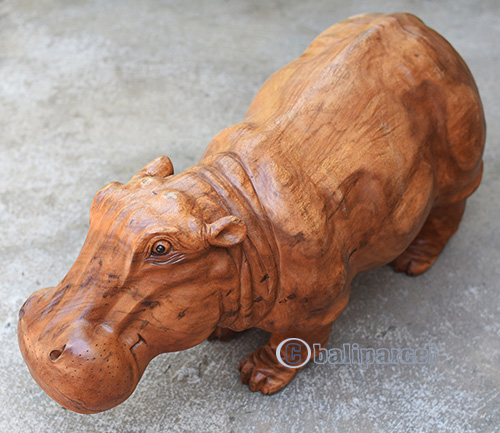 Wooden Hippopotamus, Handmade From Suar Wood With Brown Polished
