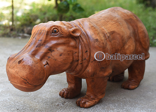 Wooden Hippopotamus, Handmade From Suar Wood With Brown Polished