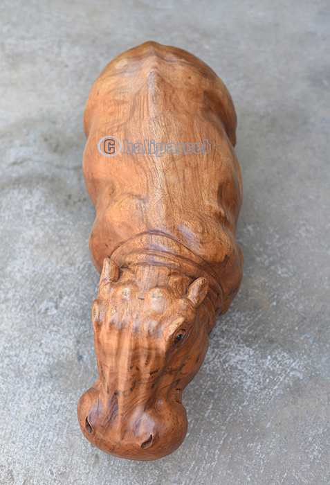 Wooden Hippopotamus, Handmade From Suar Wood With Brown Polished