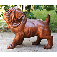 Wooden Buldog Handmade From Suar Wood With Brown Polished