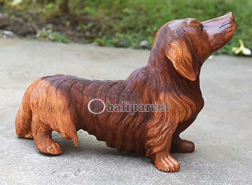 Wooden Dog, Handmade From Suar Wood With Brown Polished