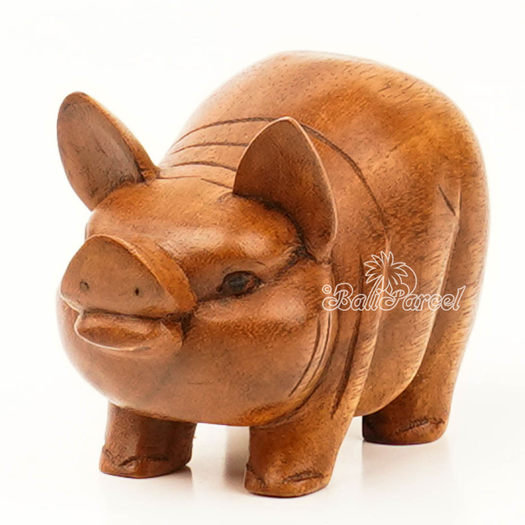 Wooden Pig Carving, Handmade From Pinus Wood 