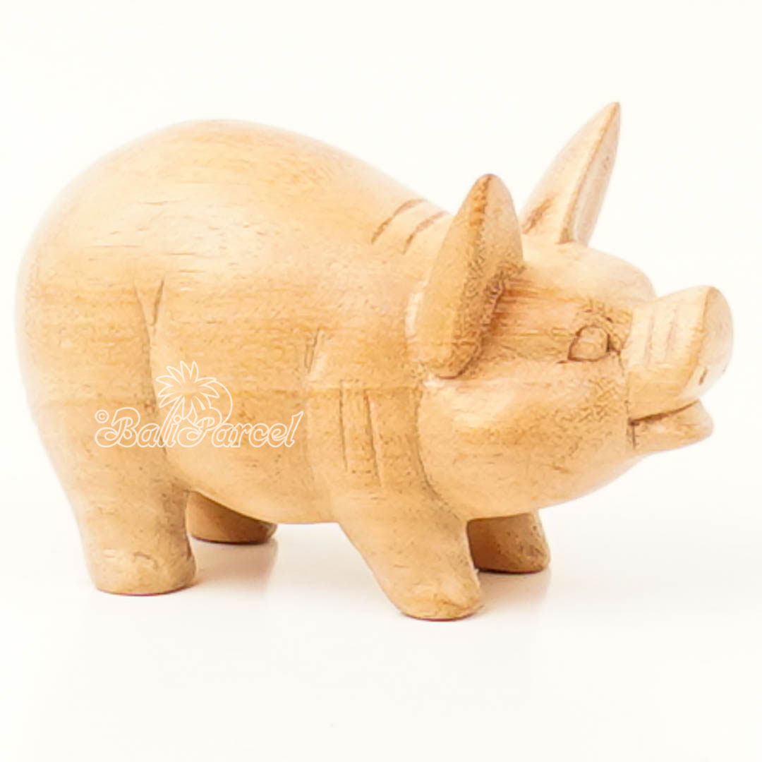 Wooden Pig Carving, Handmade From Pinus Wood 