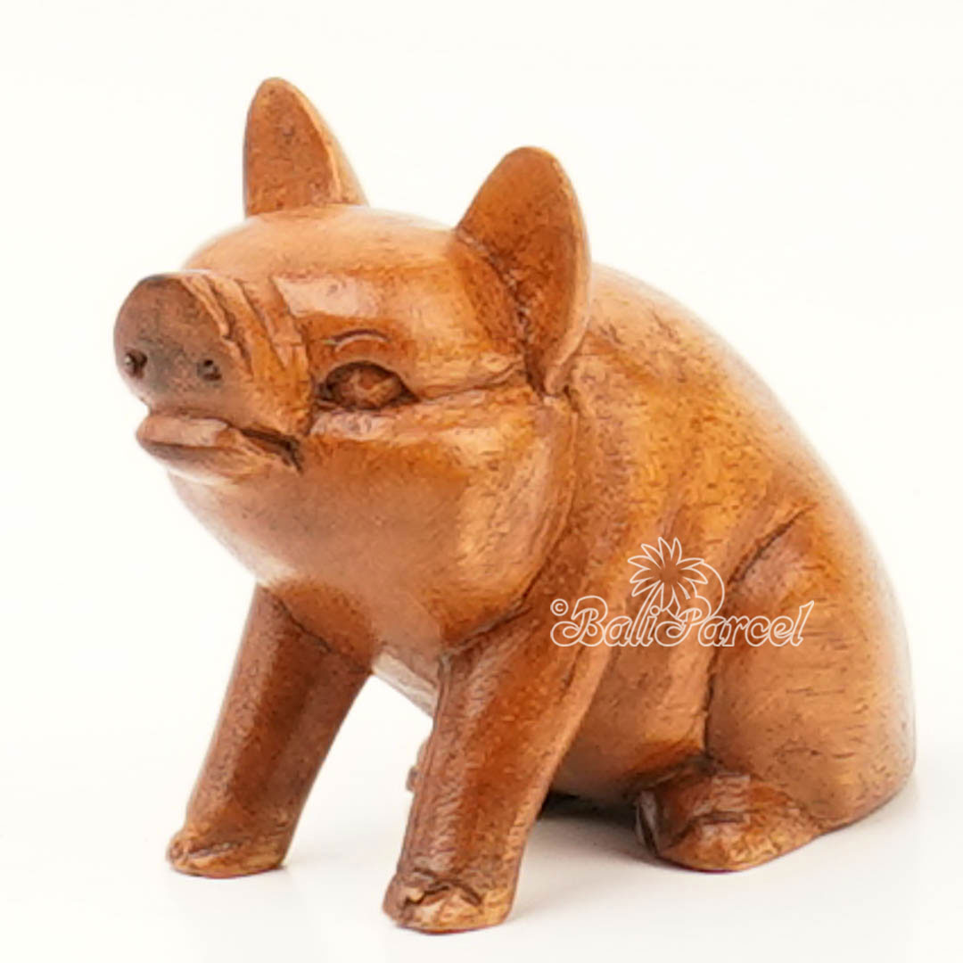 Wooden Sitting Pig Carving, Handmade From Suar Wood 