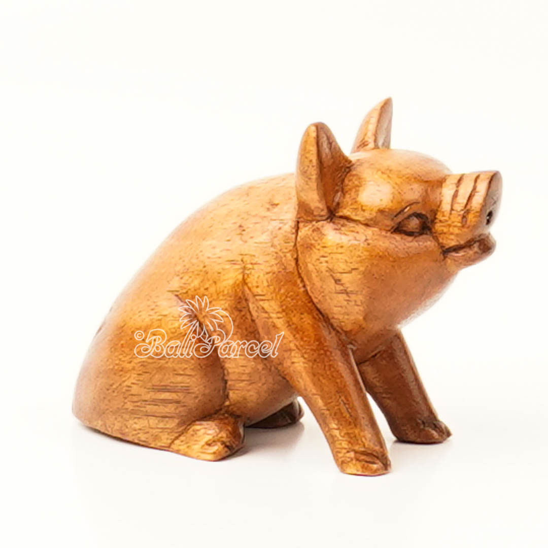 Wooden Sitting Pig Carving, Handmade From Suar Wood 