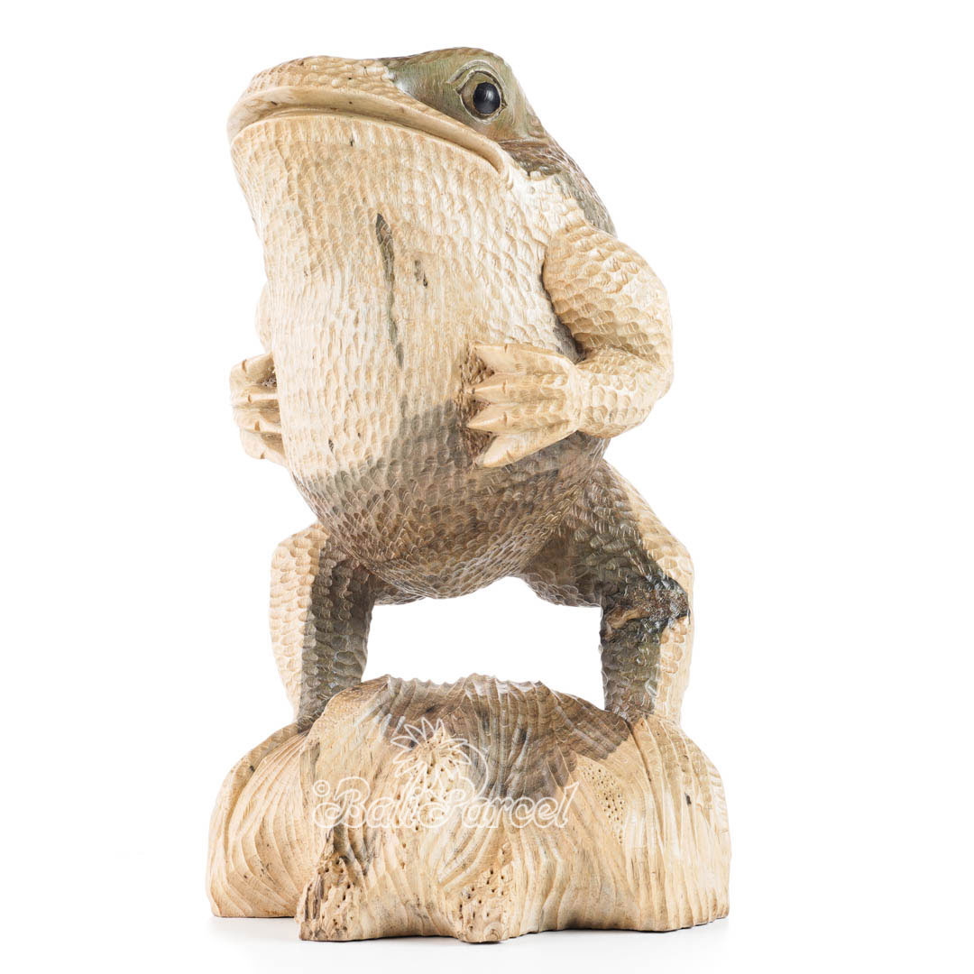 Wooden Standing Frog Carving, Handmade From Waru Wood 
