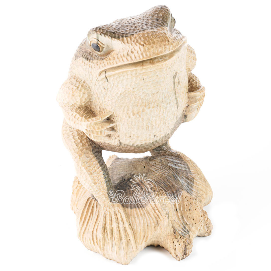 Wooden Standing Frog Carving, Handmade From Waru Wood 