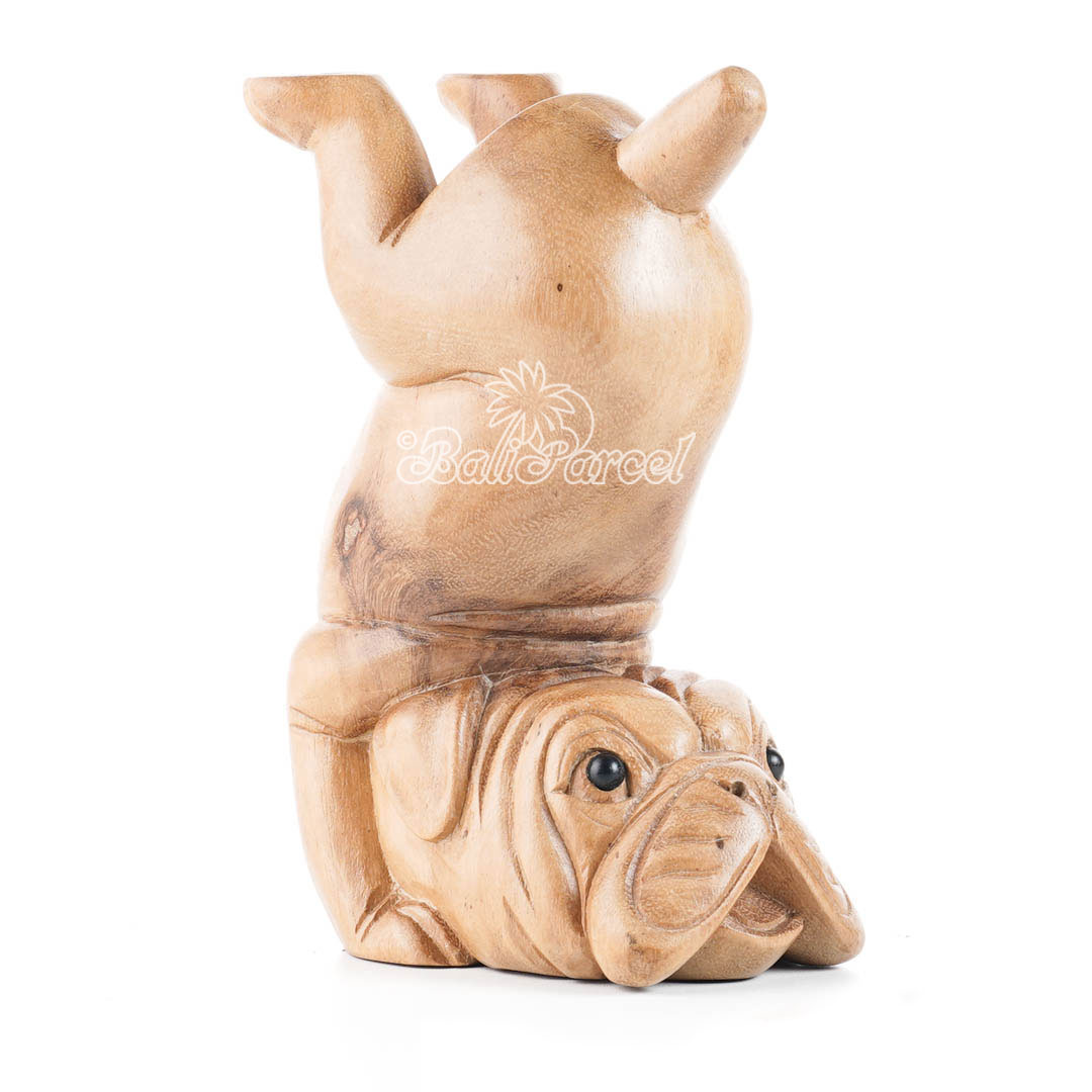 Wooden Bulldog With Glasses Holder, Handmade From Suar Wood