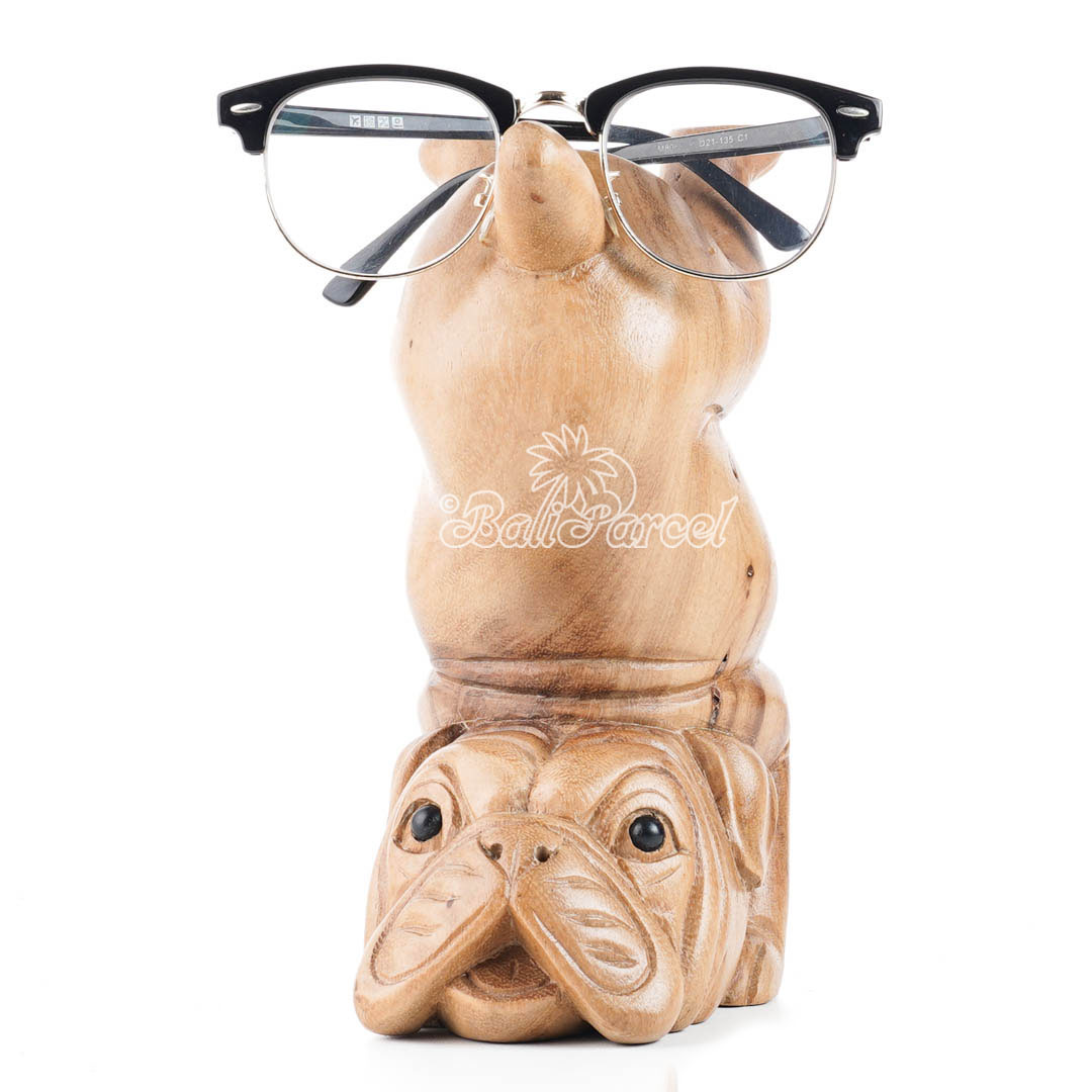 Wooden Bulldog With Glasses Holder, Handmade From Suar Wood