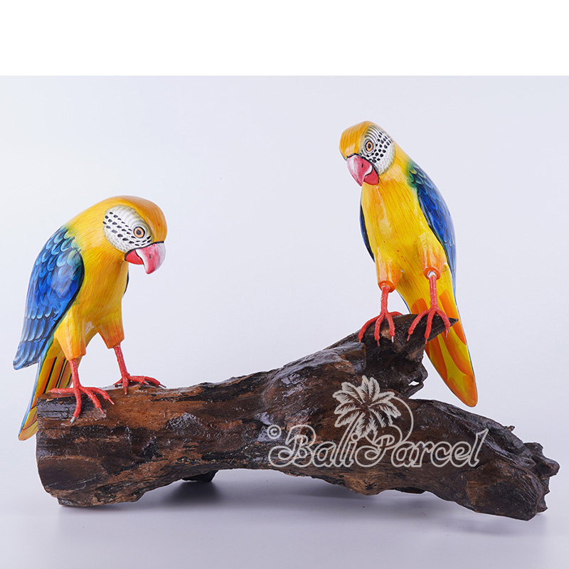 Wooden 2 Parrot Bird With Painted, Handmade From Albesia Wood