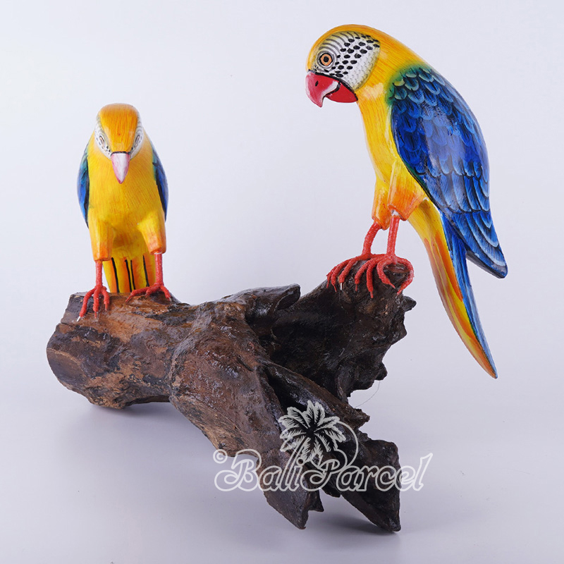 Wooden 2 Parrot Bird With Painted, Handmade From Albesia Wood