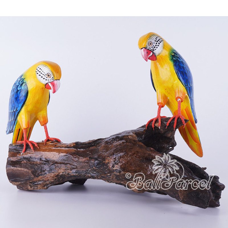 Wooden 2 Parrot Bird With Painted, Handmade From Albesia Wood