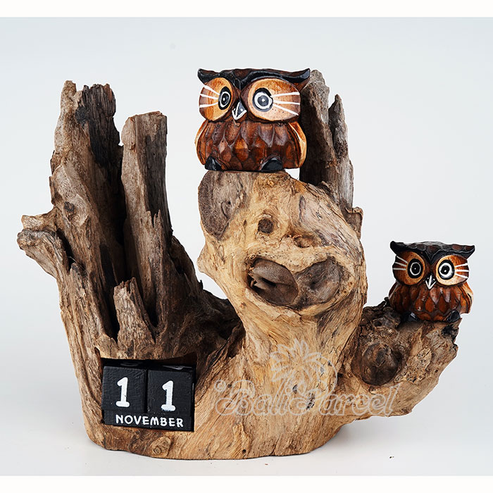 Wooden Owl With Canlendar, Handmade From Albesia Wood