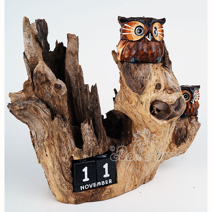 Wooden Owl With Canlendar, Handmade From Albesia Wood