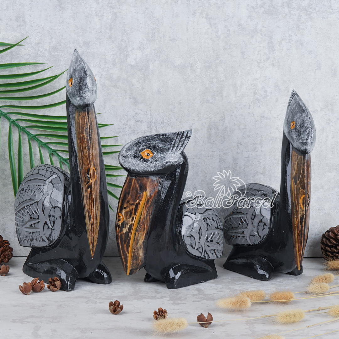 Wooden Pelican Set Of 3, Handmade From Albesia Wood