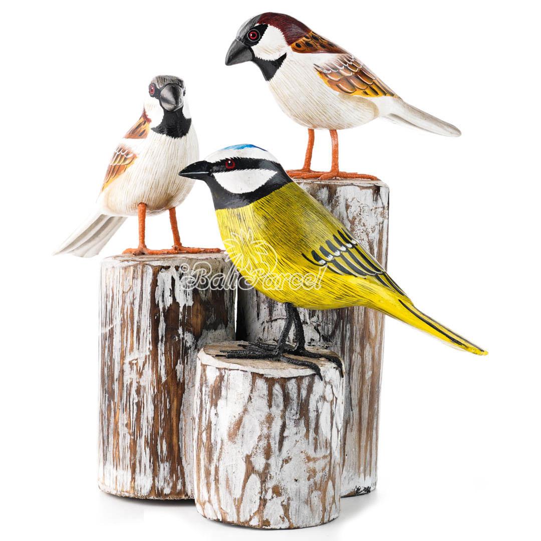 Wooden 3 Bird With Painted, Handmade From Albesia Wood