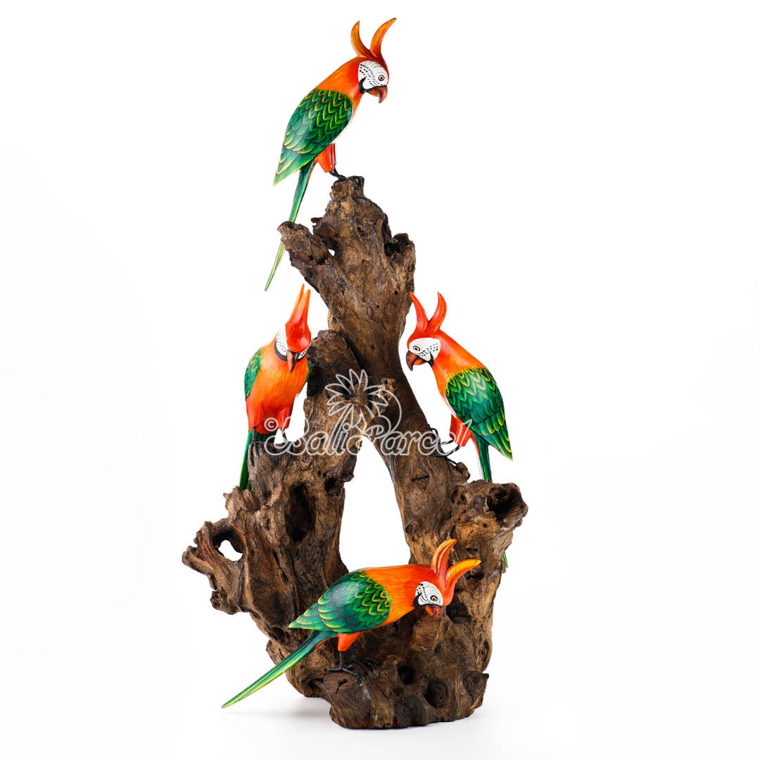 Wooden 4 Parrots With Painted, Handmade From Albesia Wood