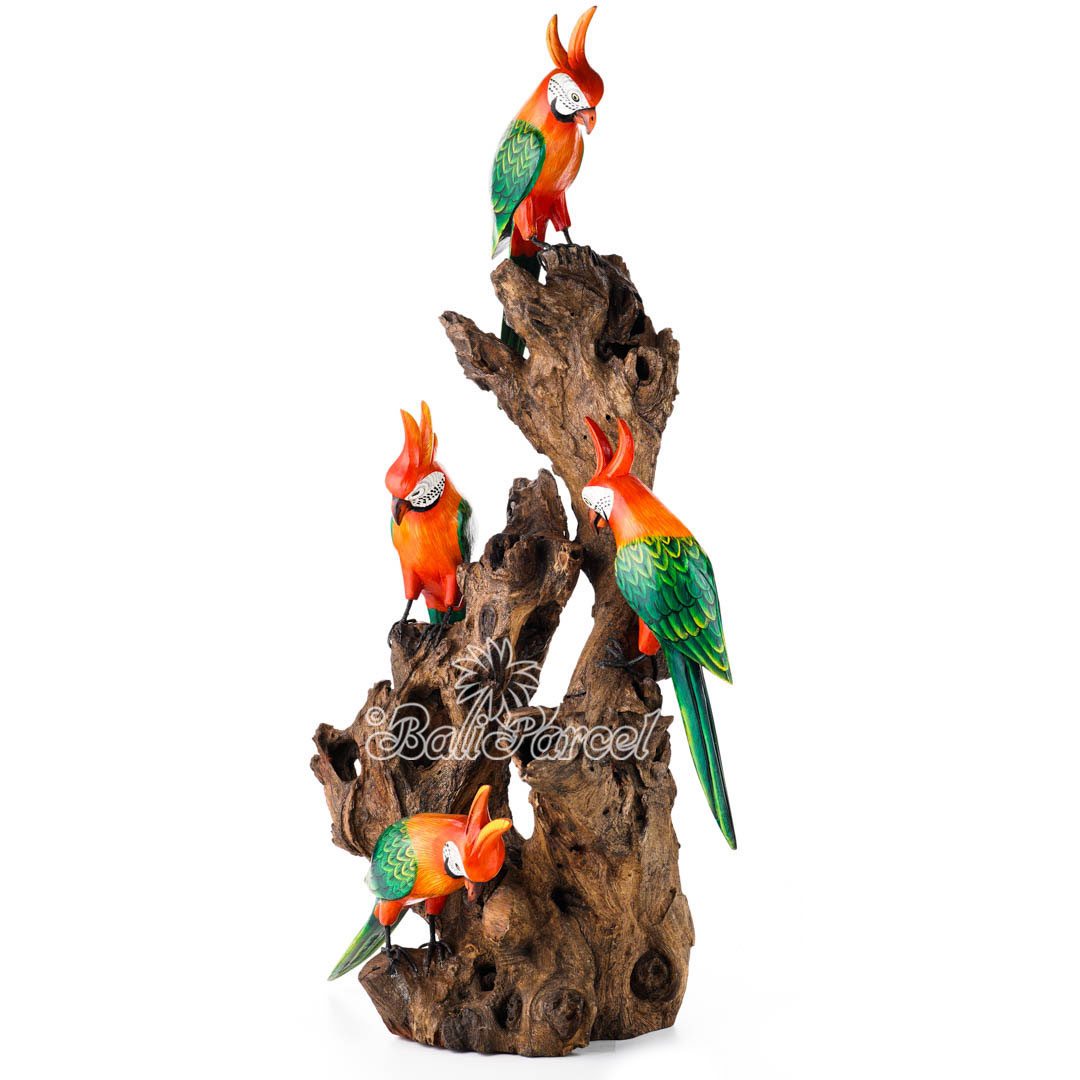 Wooden 4 Parrots With Painted, Handmade From Albesia Wood