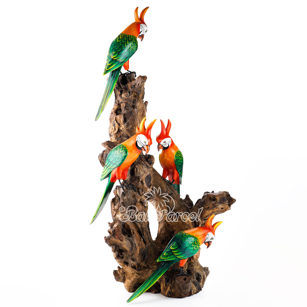 Wooden 4 Parrots With Painted, Handmade From Albesia Wood
