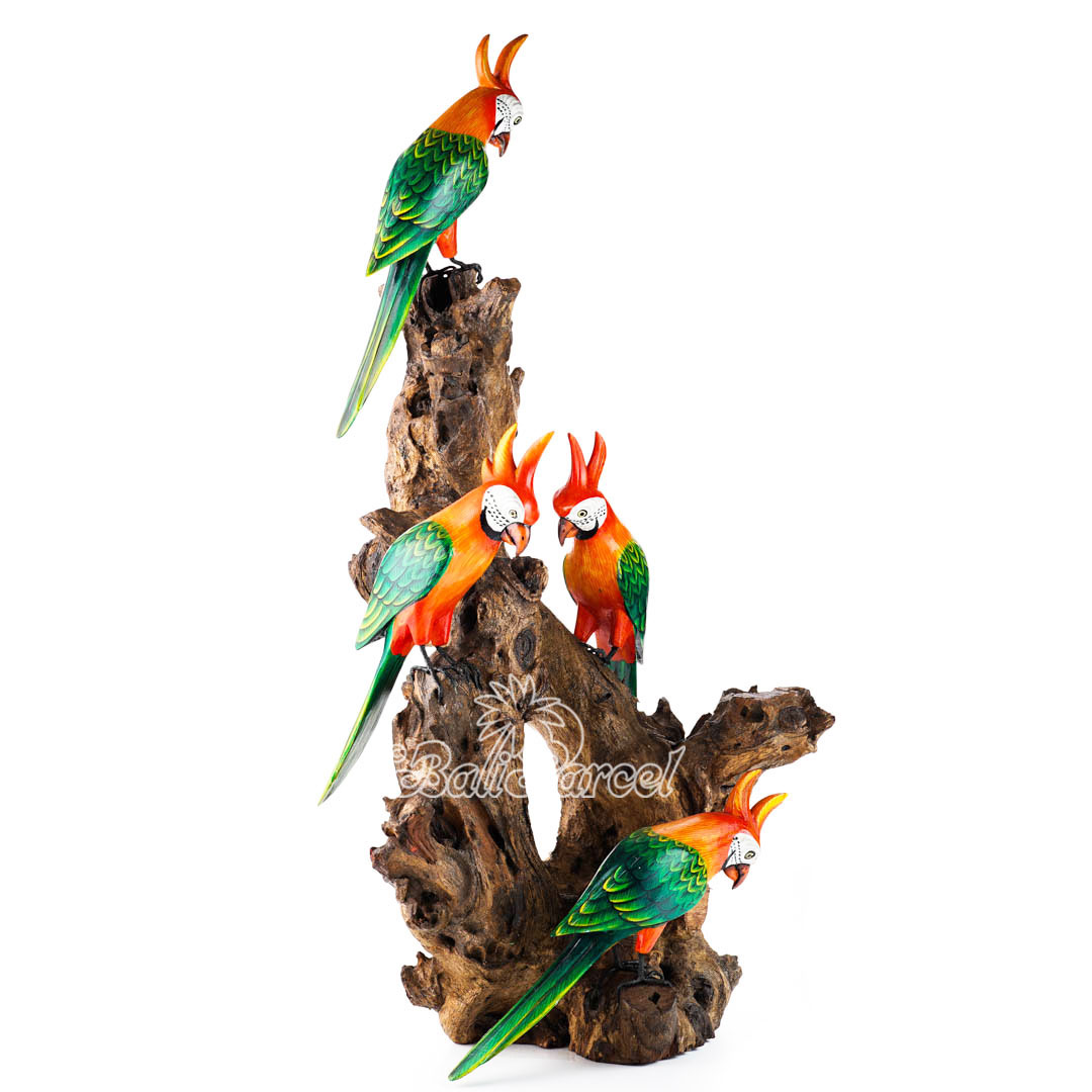 Wooden 4 Parrots With Painted, Handmade From Albesia Wood