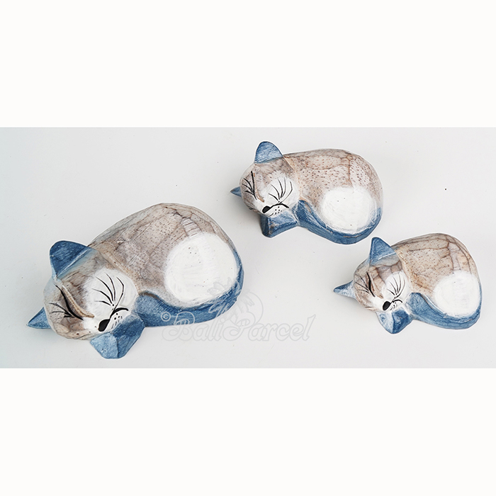 Wooden Sleeping Cat Set Of 3 With Painted Handmade Fron Albesia Wood