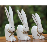 Wooden Set Of 3 Rabbit With Painted, Handcarved From Albesia Wood
