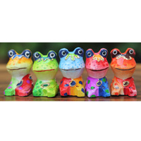 Wooden Set Of 5 Frog With Painted, Handcarved From Albesia Wood
